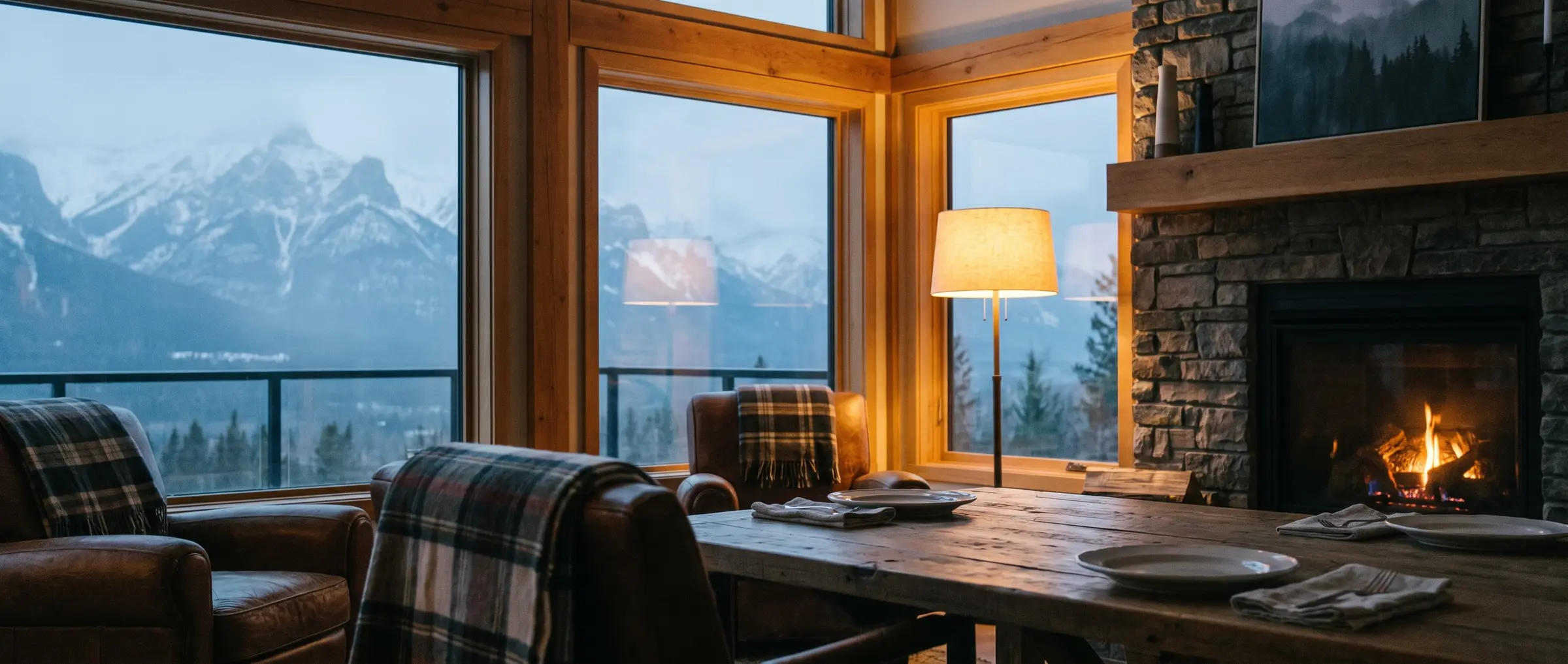 A living room with tall windows onto the mountains at dusk