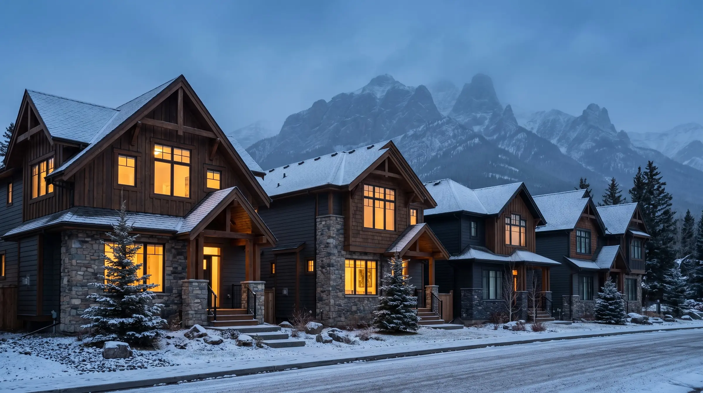 A row of mountain homes with lit windows at blue hour in Canmore