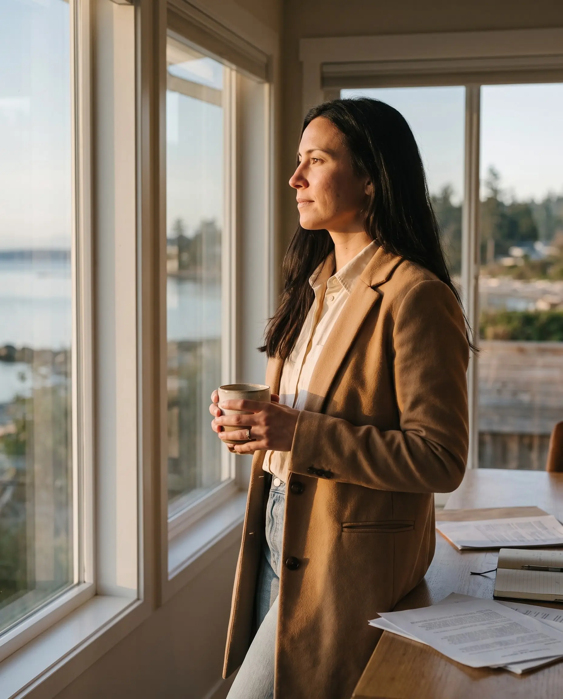 Isabel Santos by a window, thinking through a client's plan