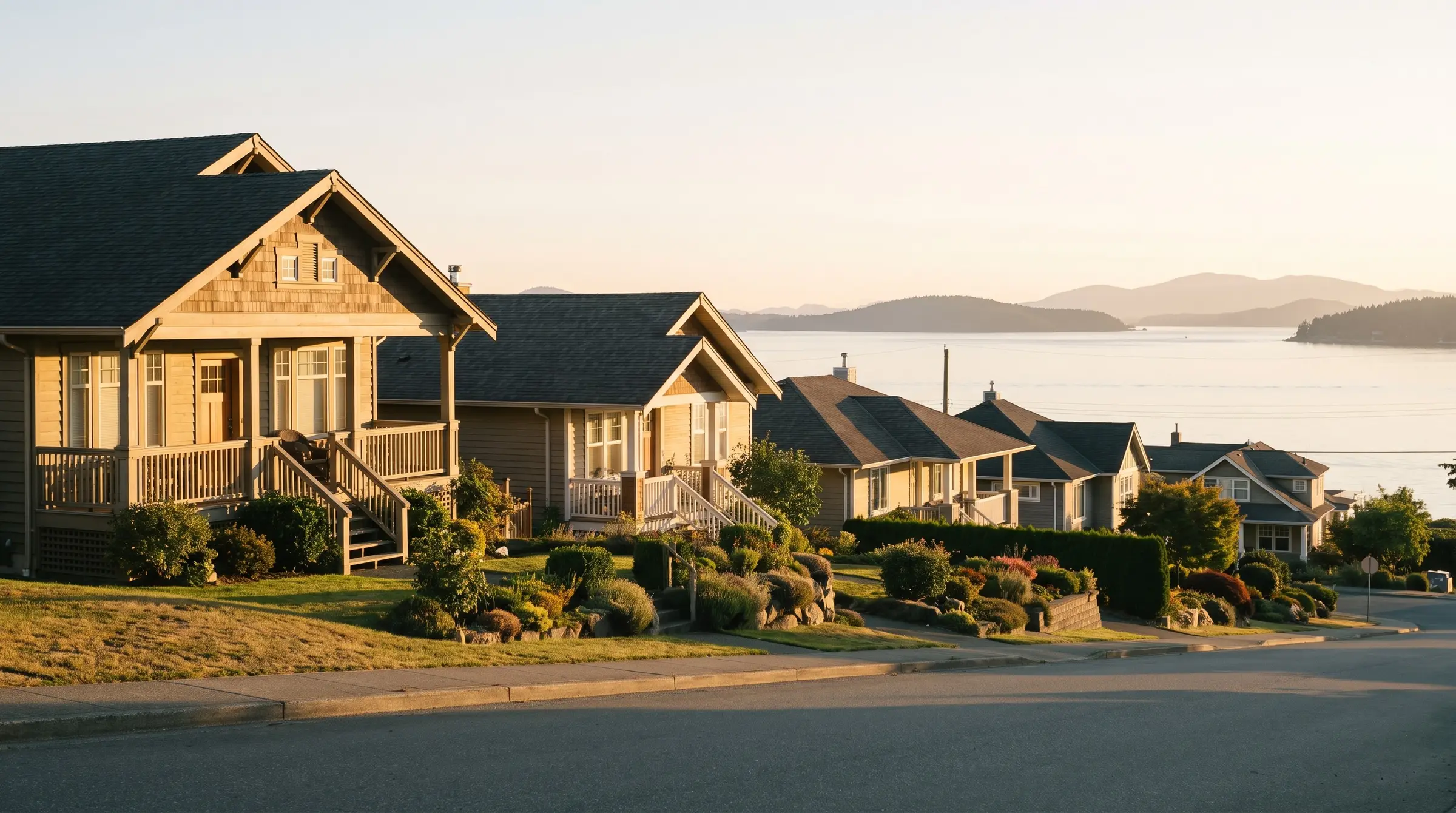 A street of family homes above the harbour at golden hour in Nanaimo