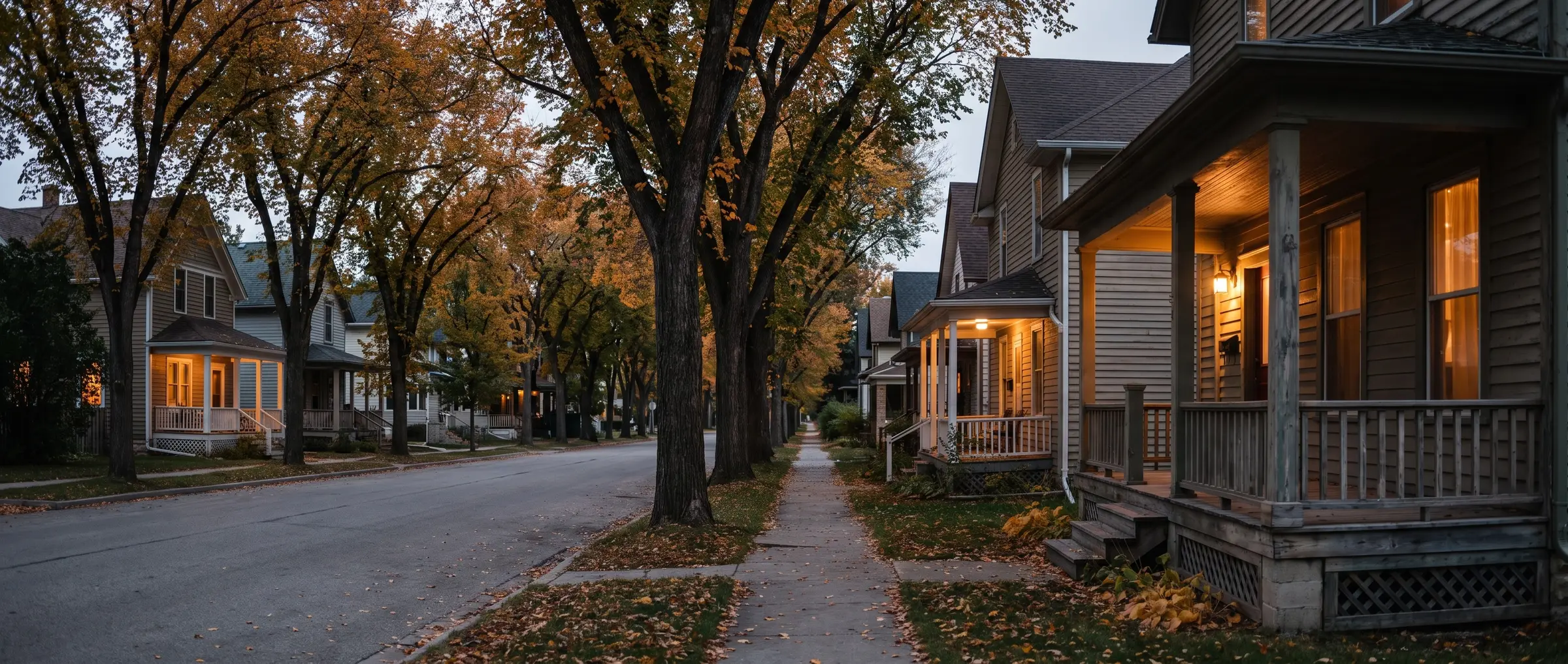 A street of older houses with lit porches under elm trees in Wolseley, Winnipeg