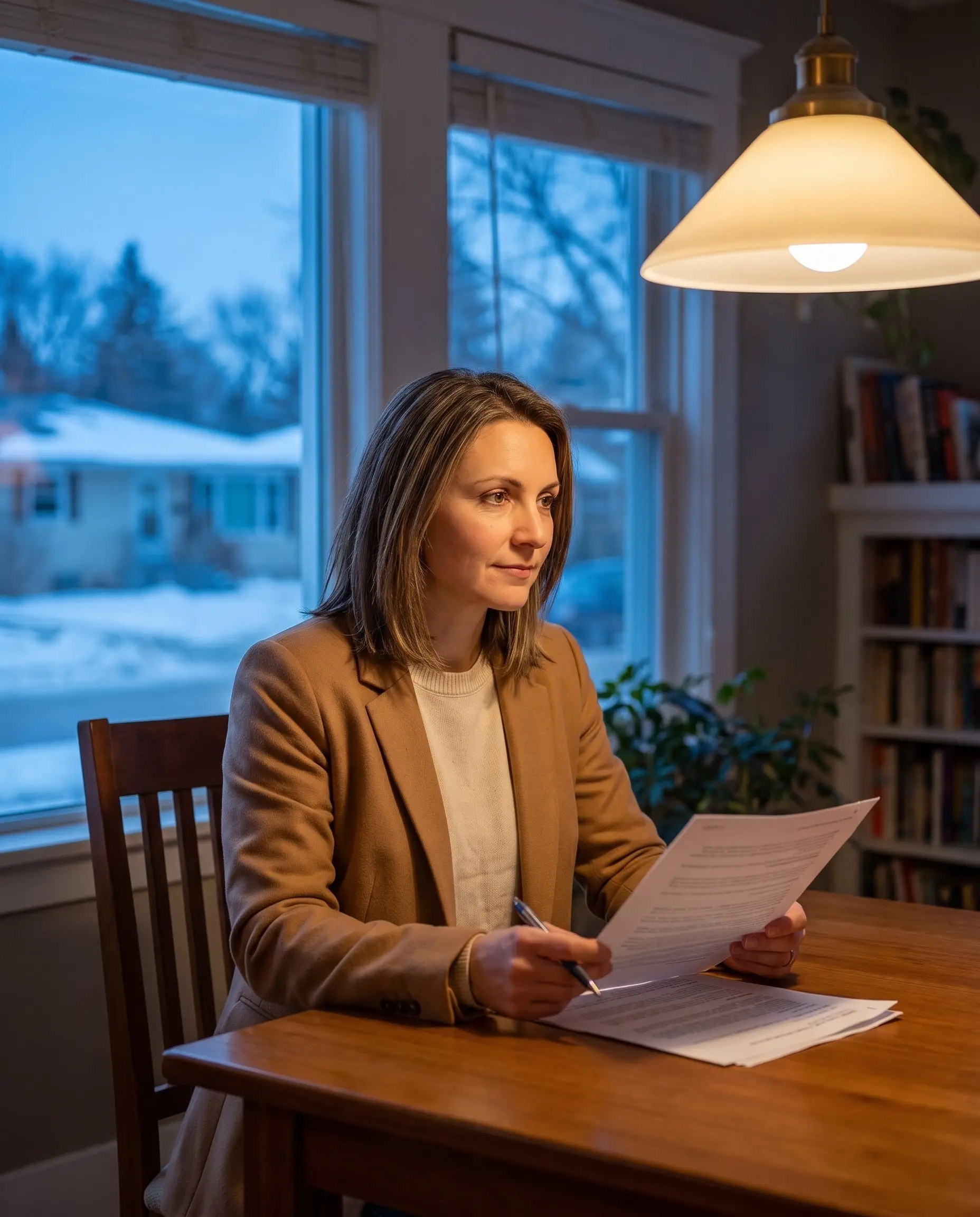 Elena Marchuk reading through a client's file at her table