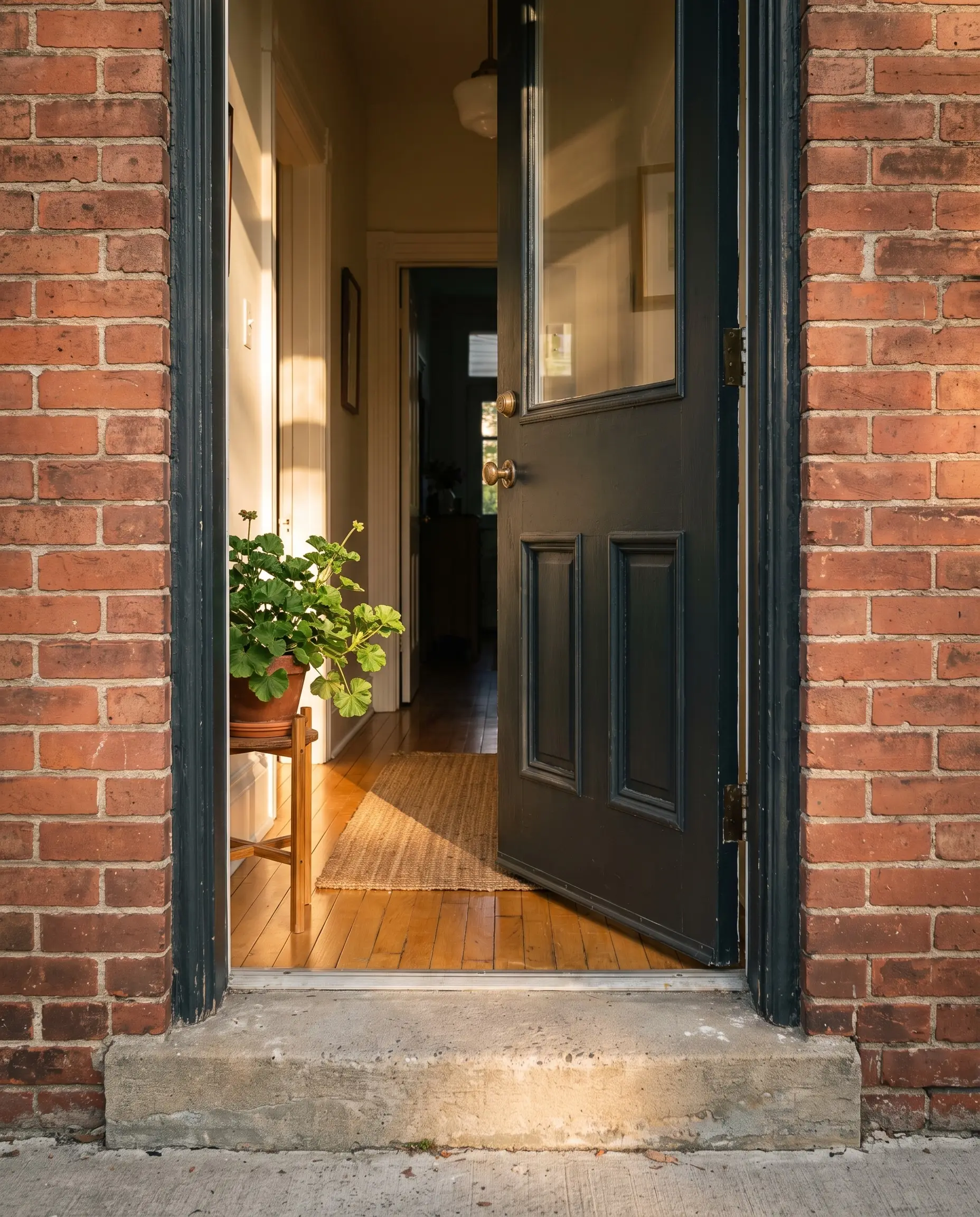 An open front door onto a sunlit hallway, London