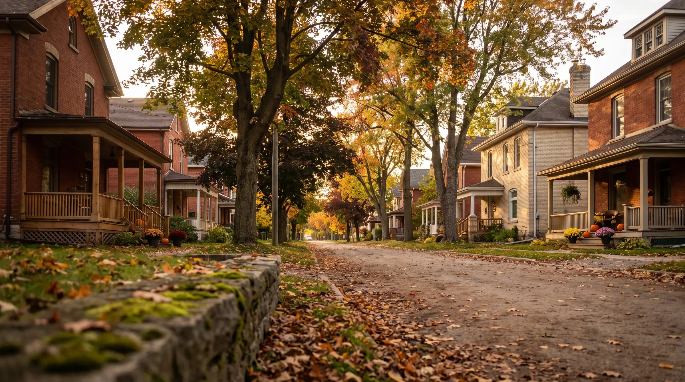 A leafy street of brick family homes in autumn, London
