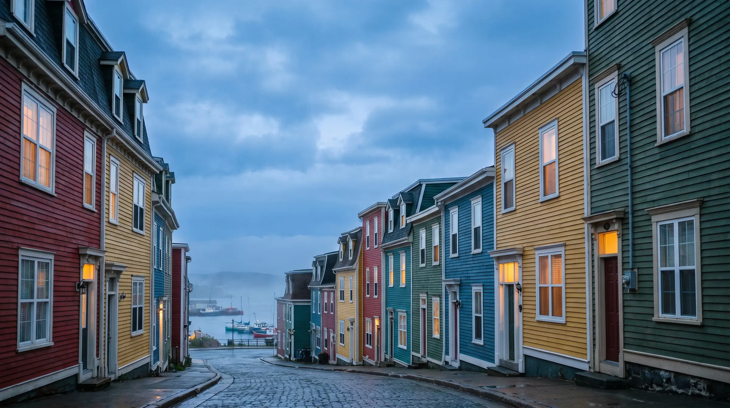 Colourful row houses on a hill at blue hour, St. John's