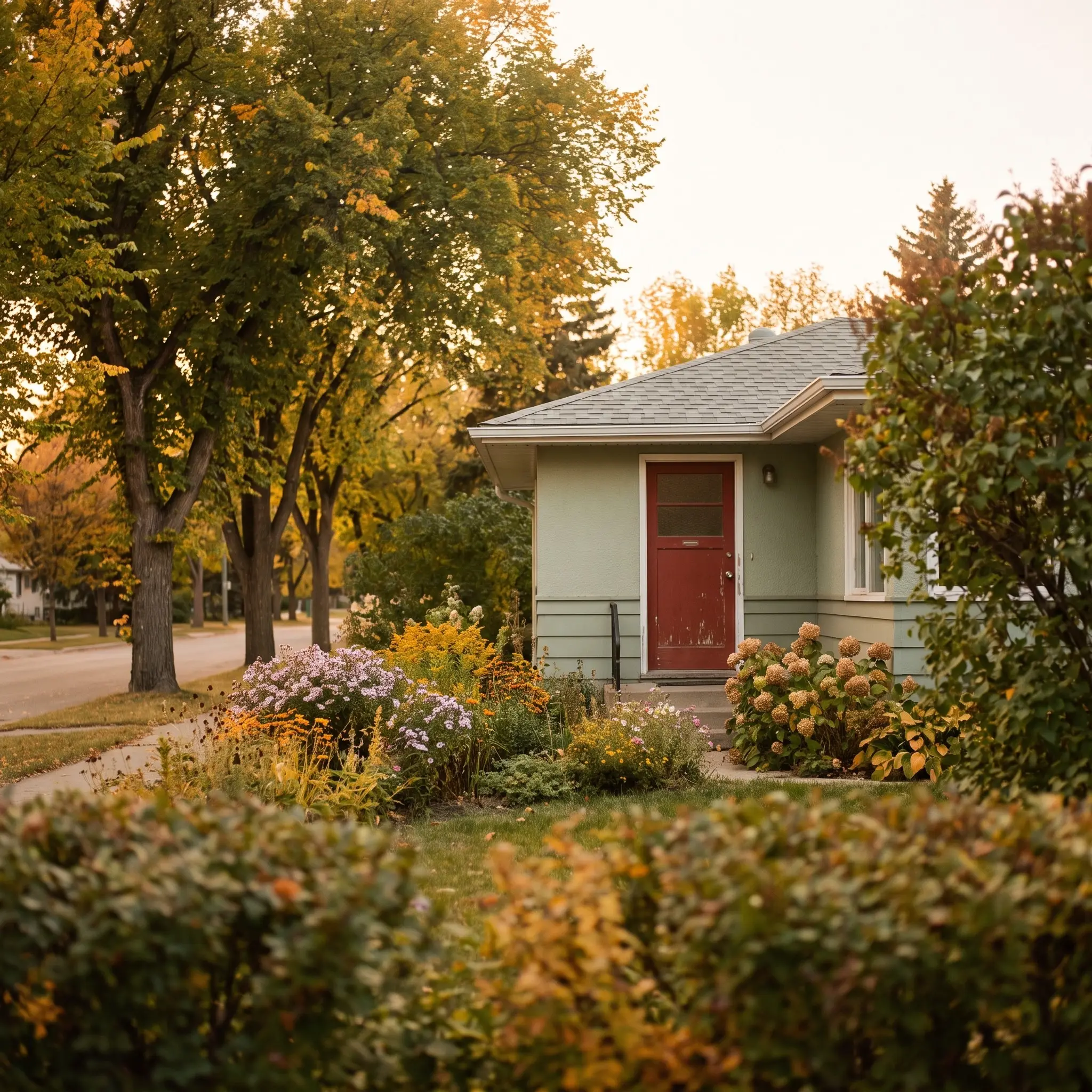 A sage-green bungalow with a red door in City Park, Saskatoon