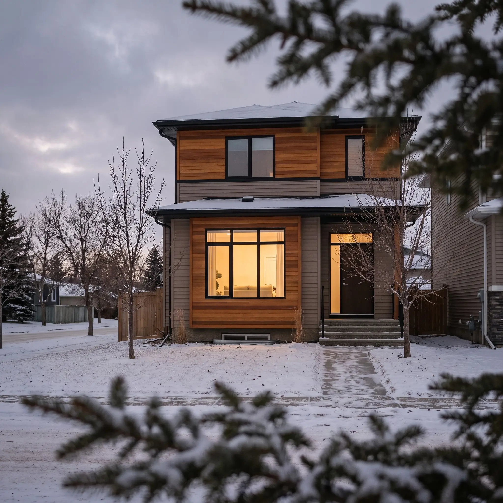 A family home with lit windows on a snowy evening in Stonebridge, Saskatoon