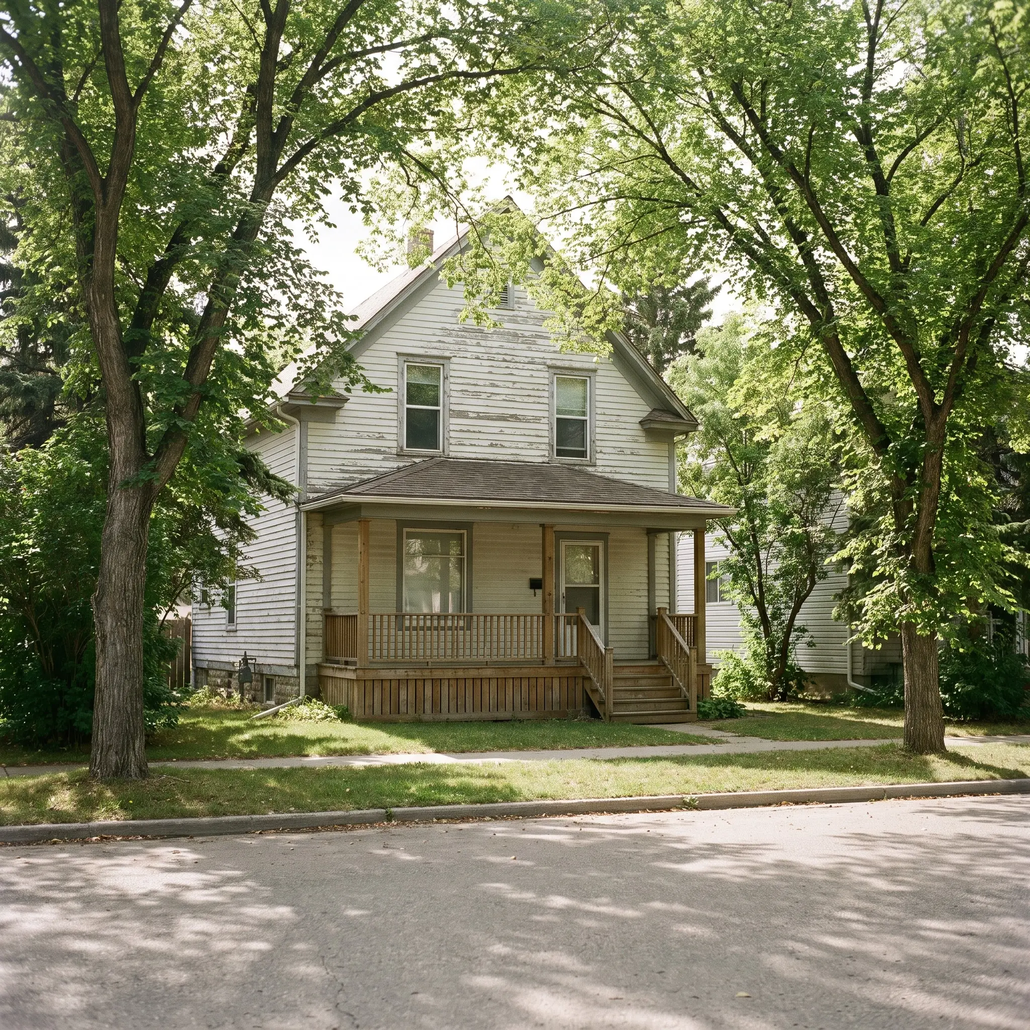 A family home with a front porch on a tree-lined street in Nutana, Saskatoon