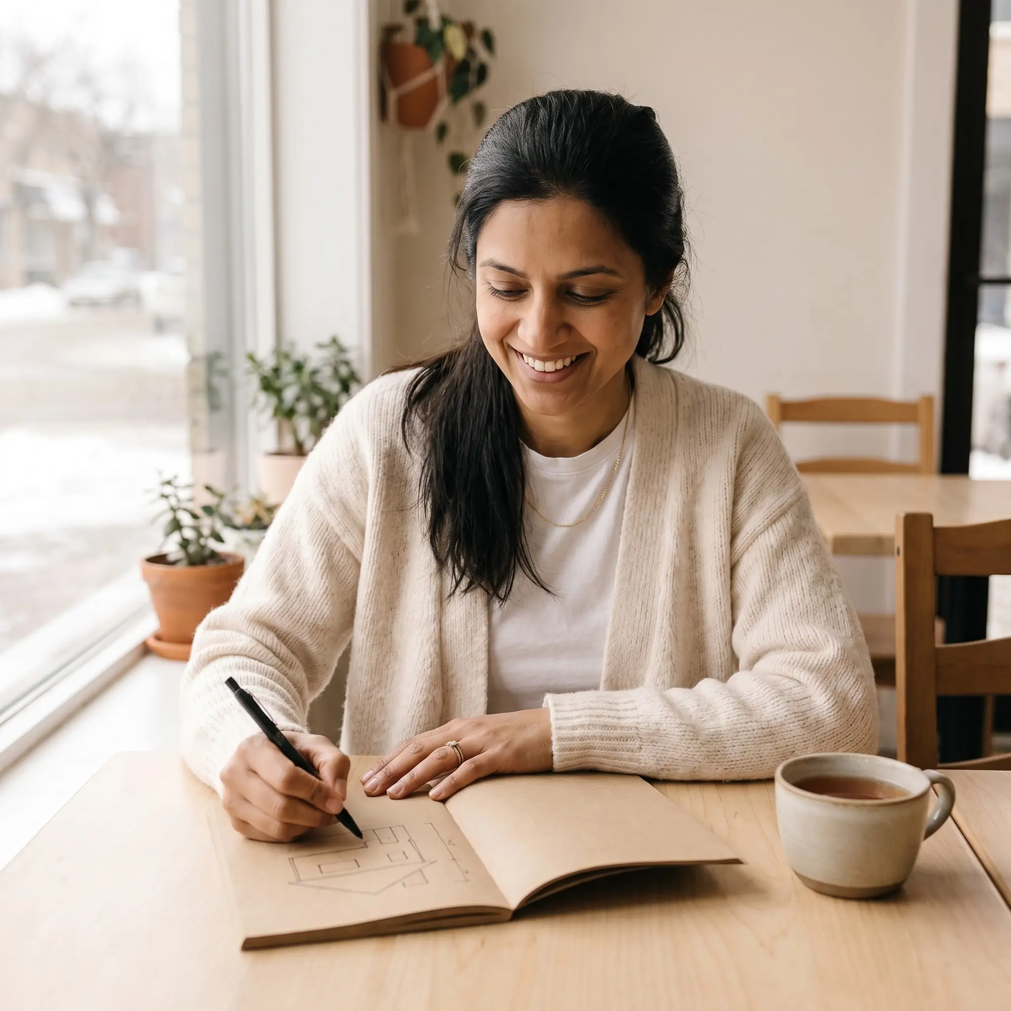 Priya Raman sketching a plan in her notebook