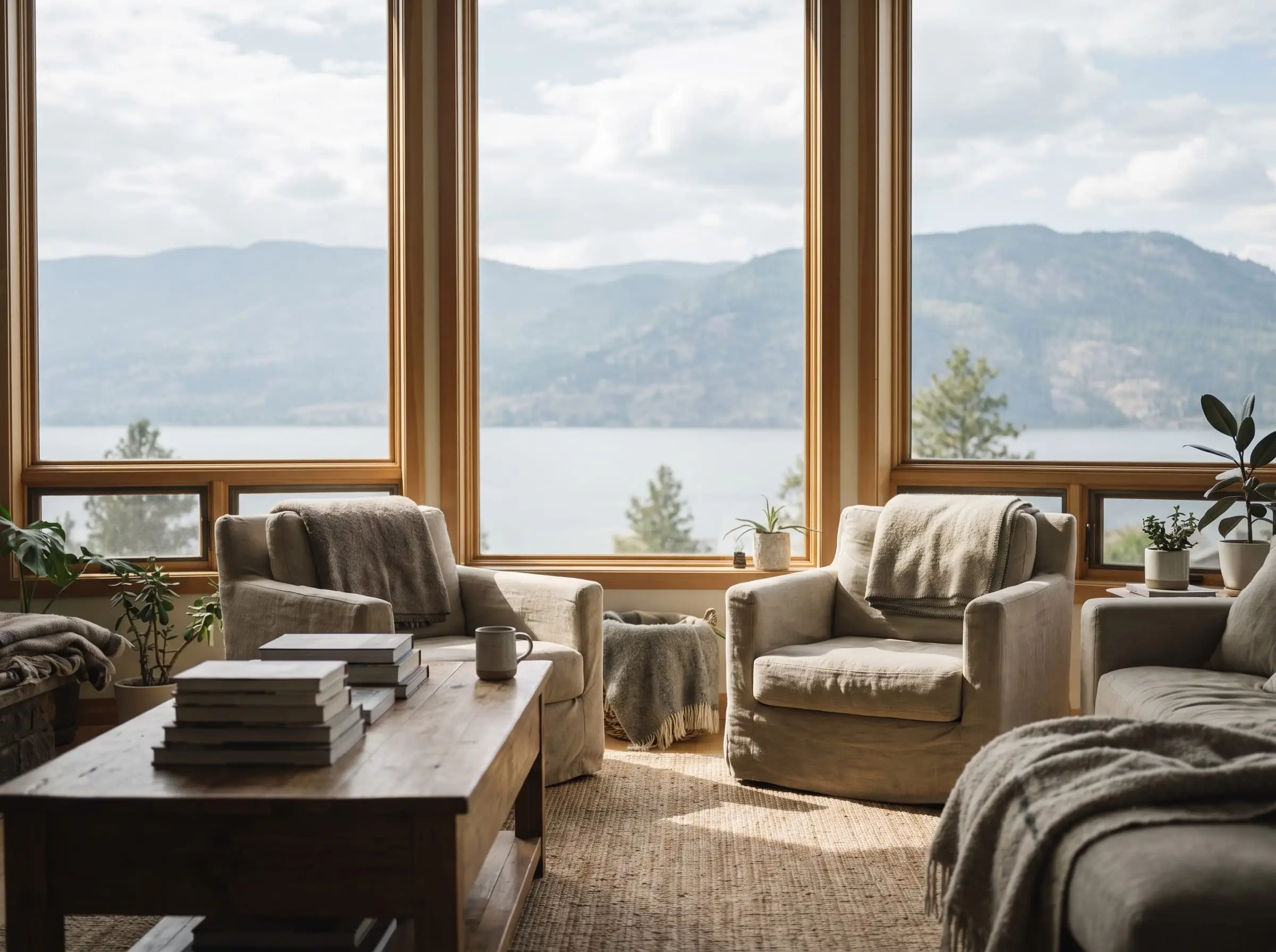 A living room with tall windows looking over the lake